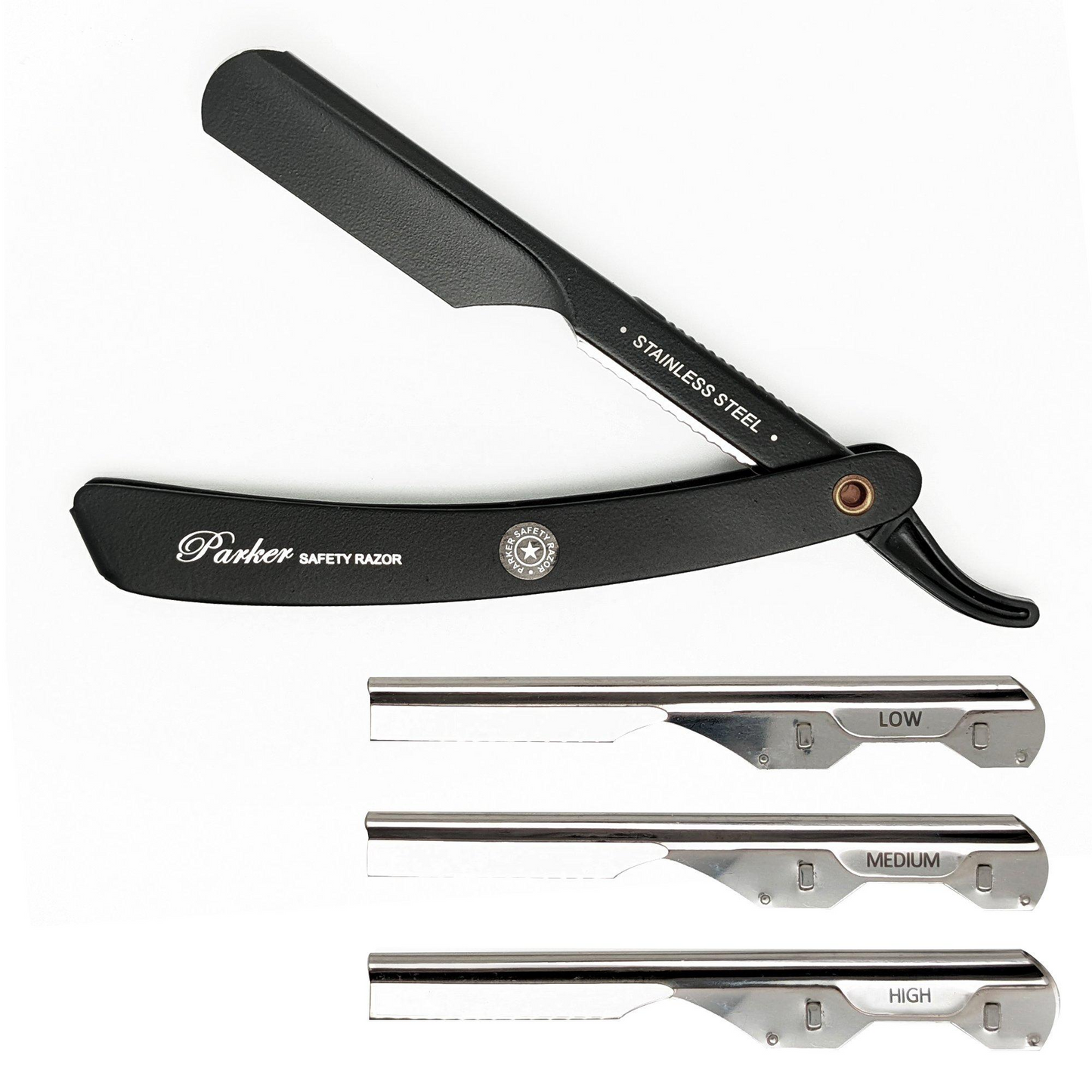 primary image of parker stainless steel black adjustable barber razor 