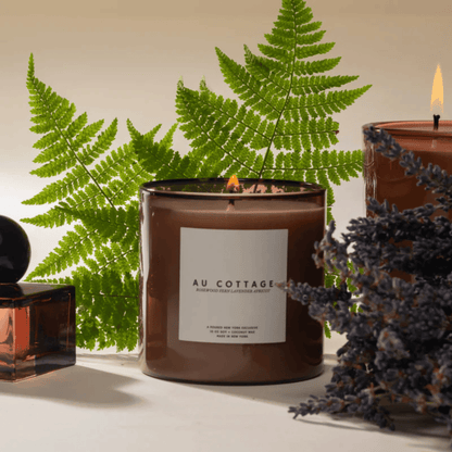 Alternate Image of Au Cottage Candle, soft brown glass candle with white label