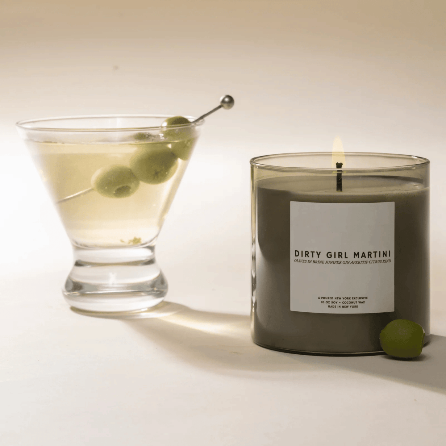 Alternate Image of Dirty Girl Martini Candle, gray glass vessel candle with white label