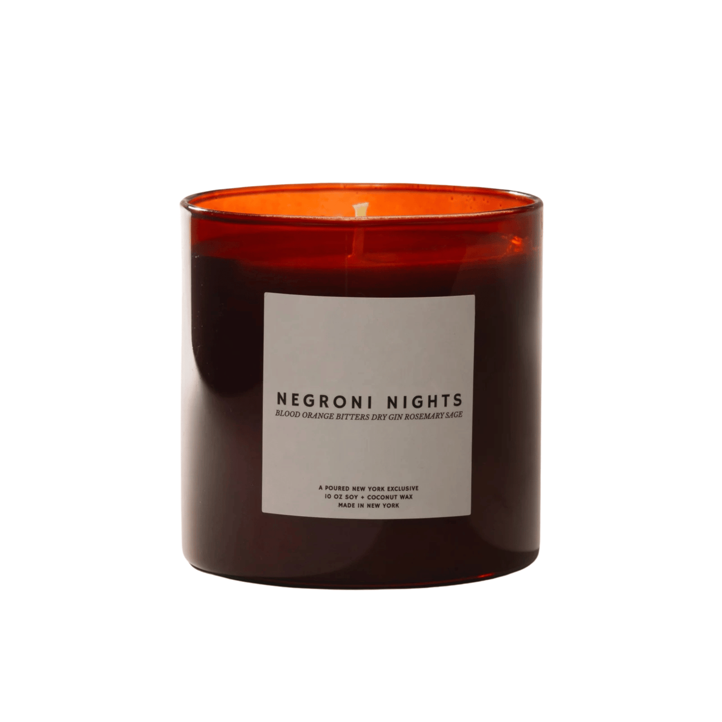 Primary Image of Negroni Nights Candle, dark red glass candle vessel with white label