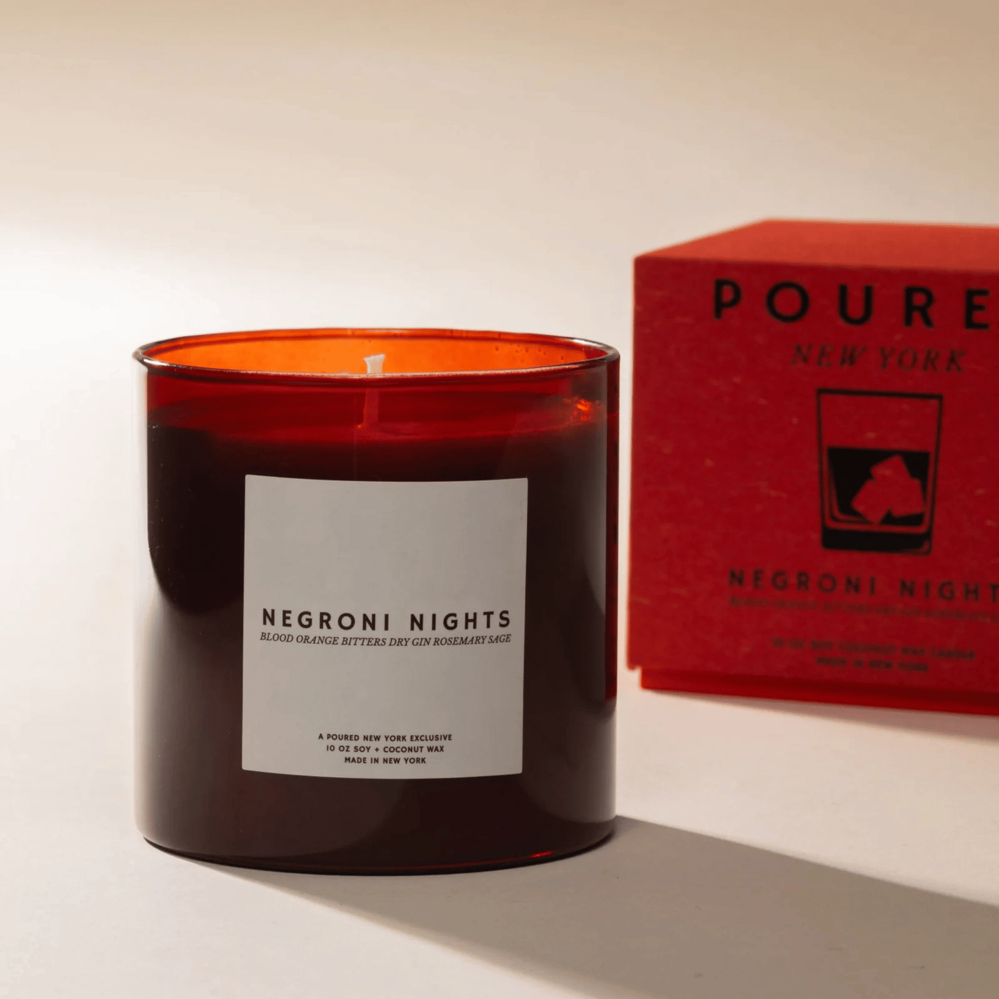 Alternate Image of Negroni Nights Candle, dark red glass candle vessel with white label