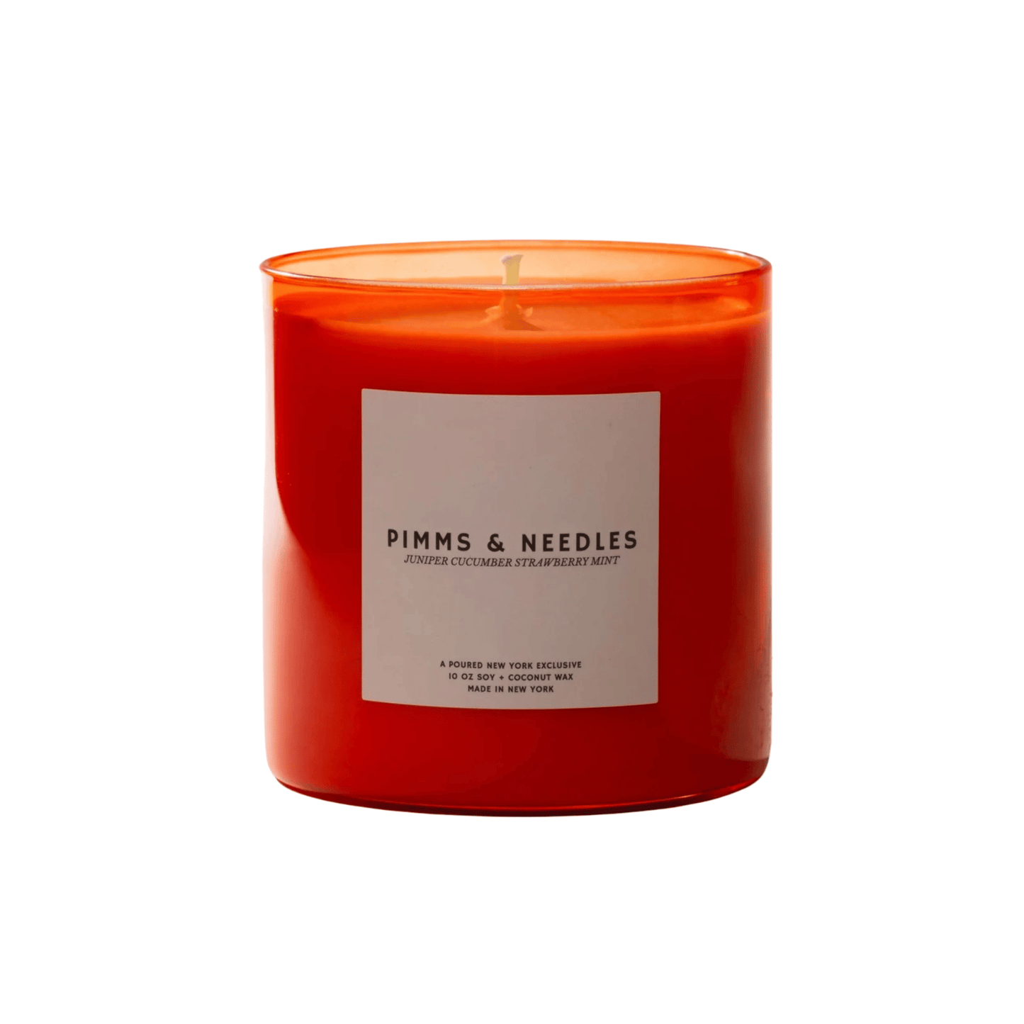Primary Image of Pimms & Needles Candle, red candle vessel with white label