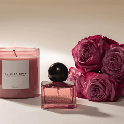 Alternate Image of Voile en Rose Candle, pink candle vessel with white label and square pink perfume bottle