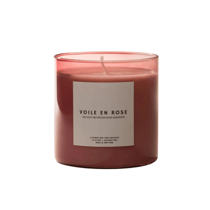 Primary Image of Voile en Rose Candle, pink candle vessel with white label