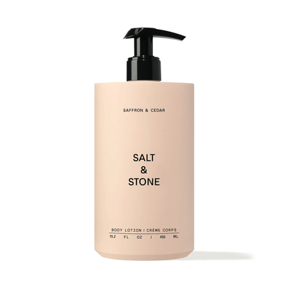 Primary Image of Saffron and Cedar Body Lotion, round lotion bottle with pump