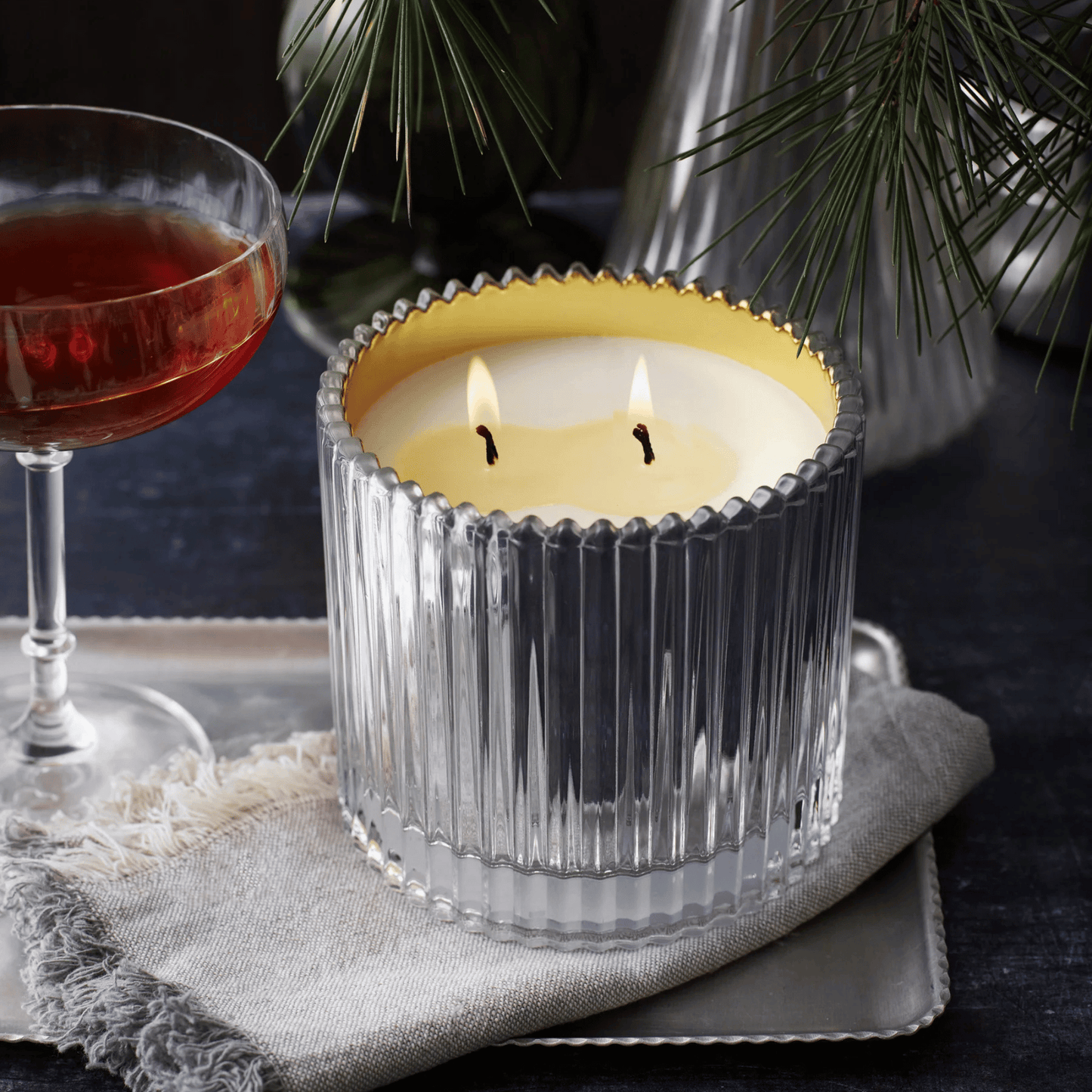 Alternate Image of Roland Pine Silver & Gold Two-Wick Ribbed Glass Soy Candle
