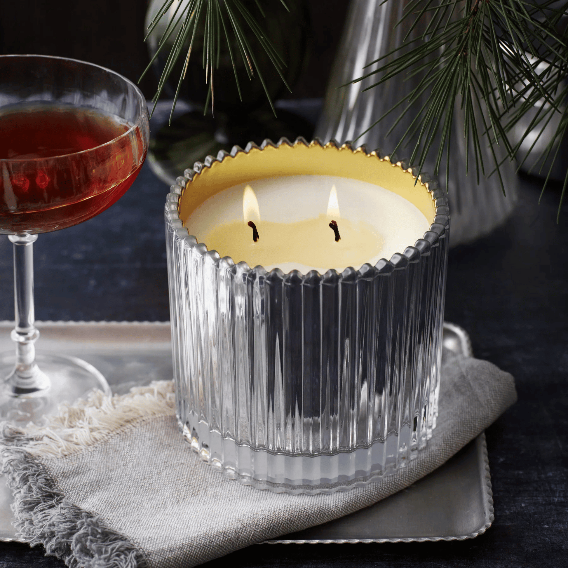 Alternate Image of Roland Pine Silver & Gold Two-Wick Ribbed Glass Soy Candle