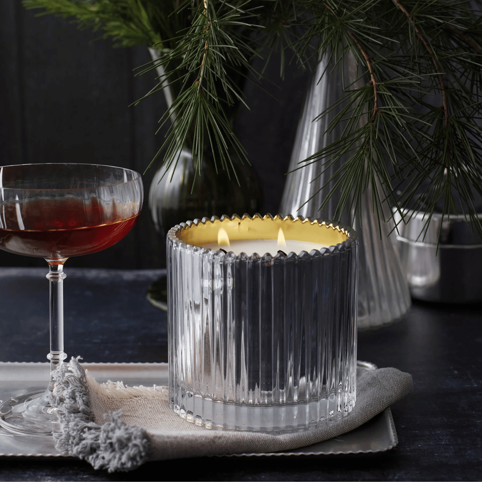 Alternate Image of Roland Pine Silver & Gold Two-Wick Ribbed Glass Soy Candle
