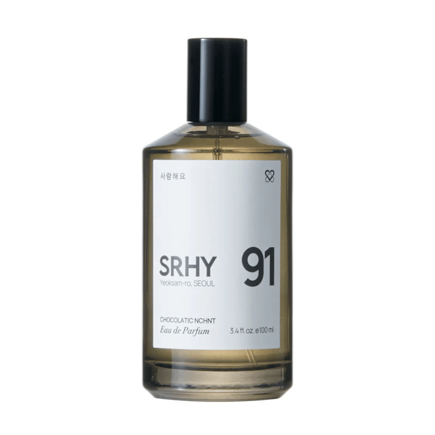 Primary Image of 91. Chocolatic Nchnt EDP, dark round perfume bottle with white label