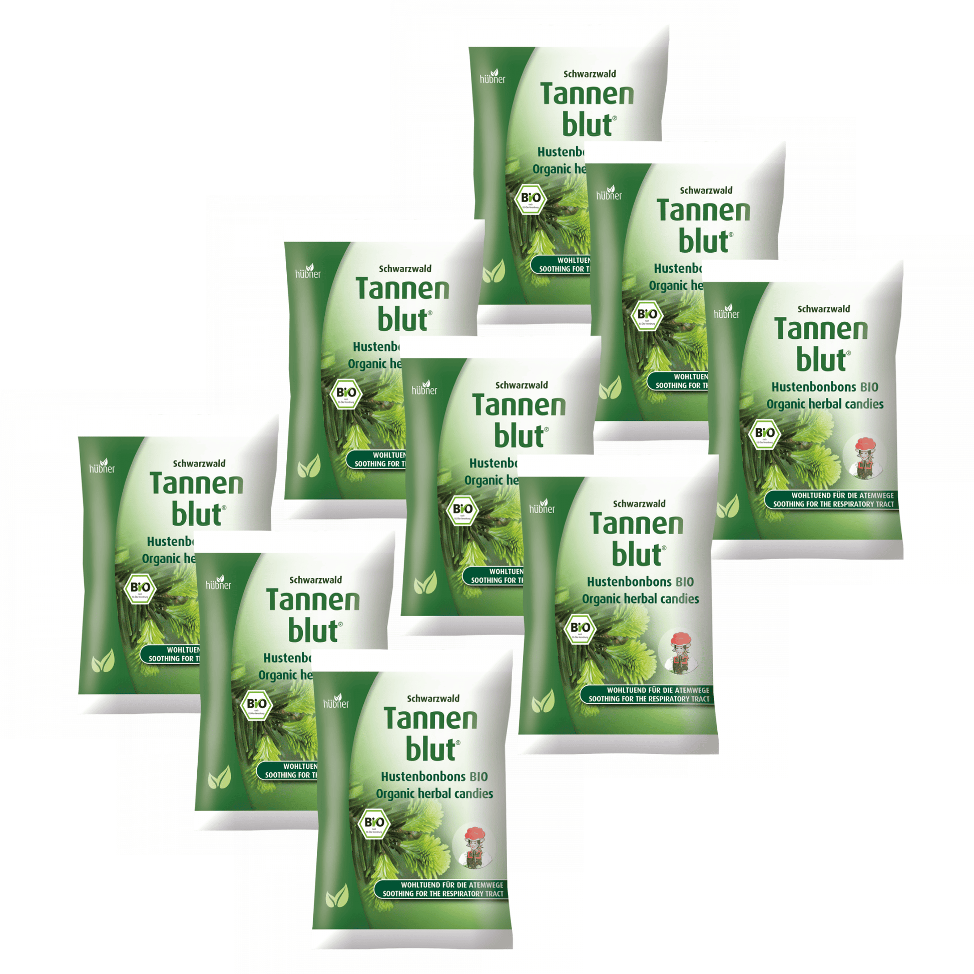 Primary Image of Tannenblut Filled Lozenges 9 Pack, green and white lozenge bags