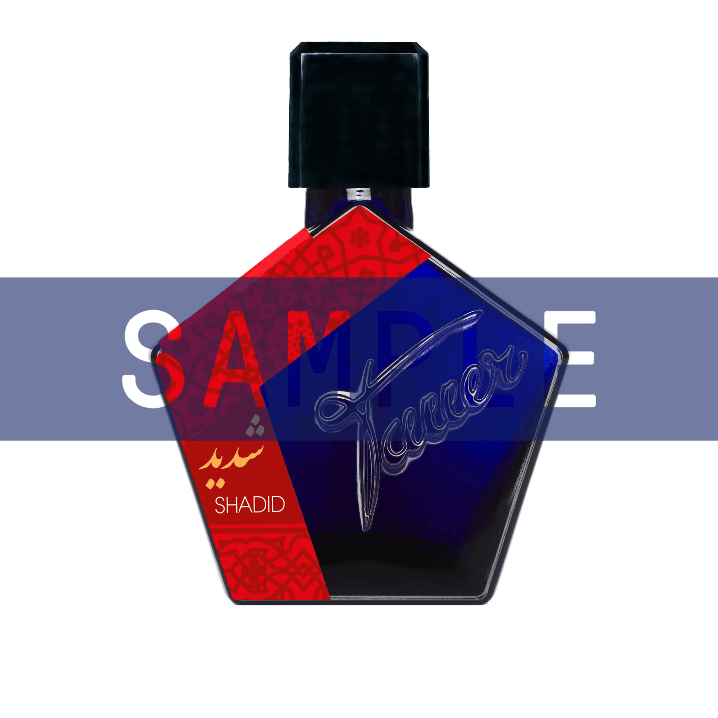 Primary Image of Sample - Tauer Shadid EDP, dark blue pentagon fragrance bottle with red label with sample written over it