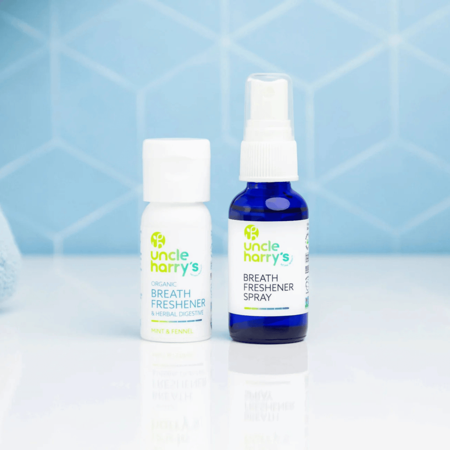 Alternate  Image of Natural Breath Freshener and Herbal Digestive, white bottle with green writing and blue bottle