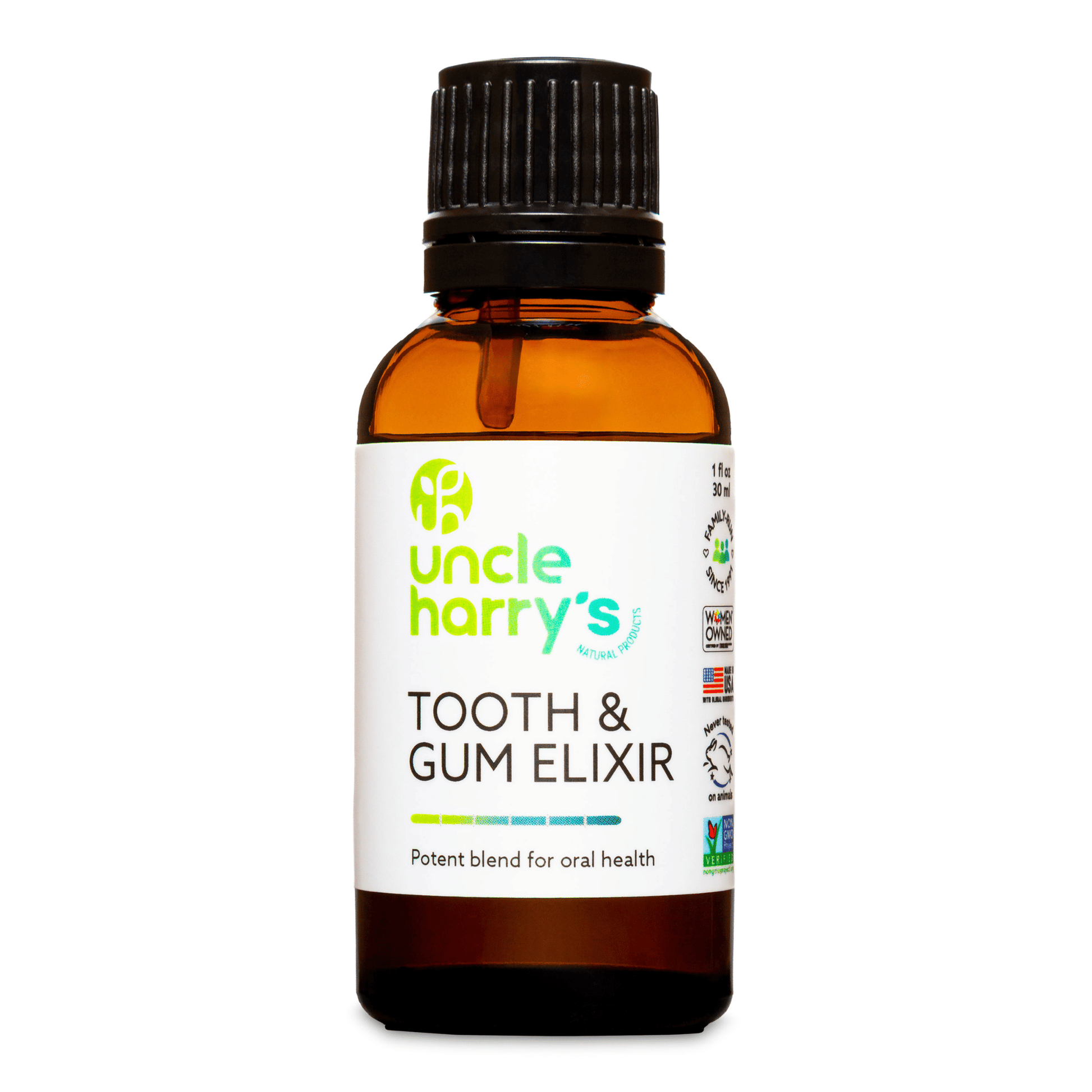 Primary Image of Tooth and Gum Elixir, amber glass bottle with white label