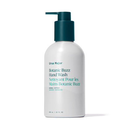 Primary Image of Botanic Buzz Hand Wash, liquid soap in white metal bottle with pump