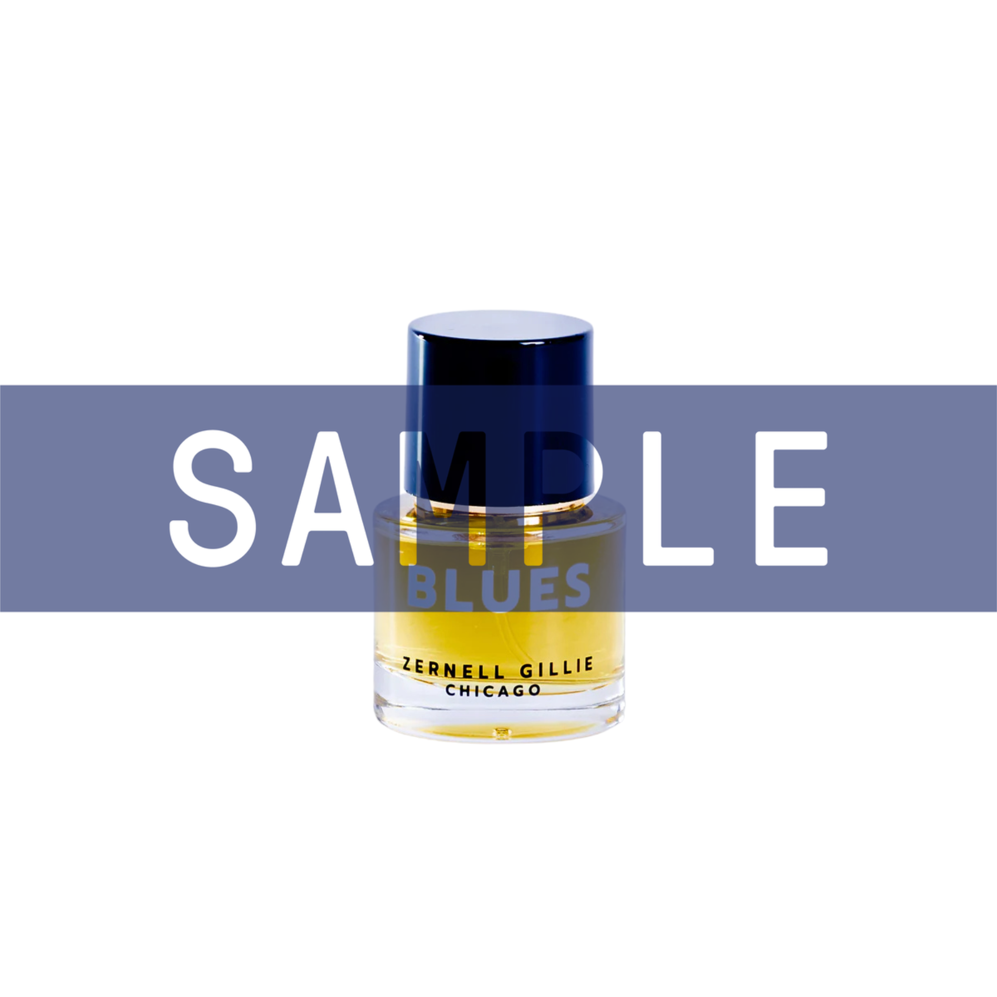 Primary Image of Sample - BLUES Perfume Extrait, small perfume bottle with blue writing and sample written on the image