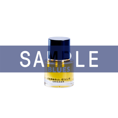 Primary Image of Sample - BLUES Perfume Extrait, small perfume bottle with blue writing and sample written on the image
